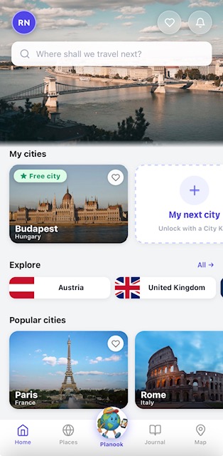 Planook home screen: country shortcuts and popular cities