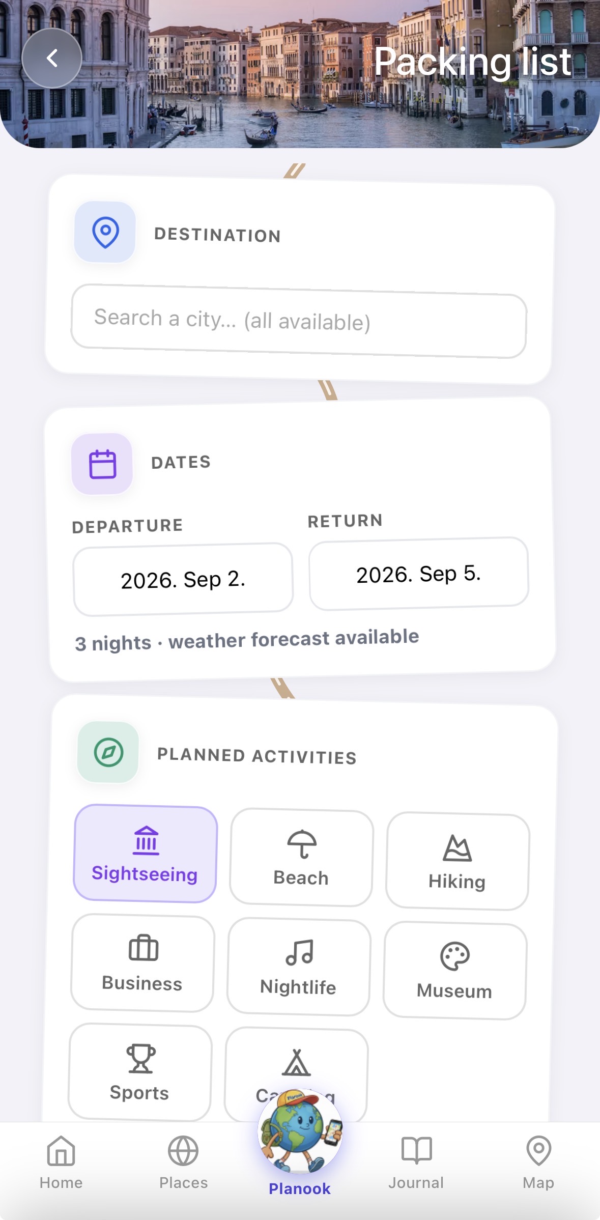 Packing list setup: destination, travel dates and the activities you have planned