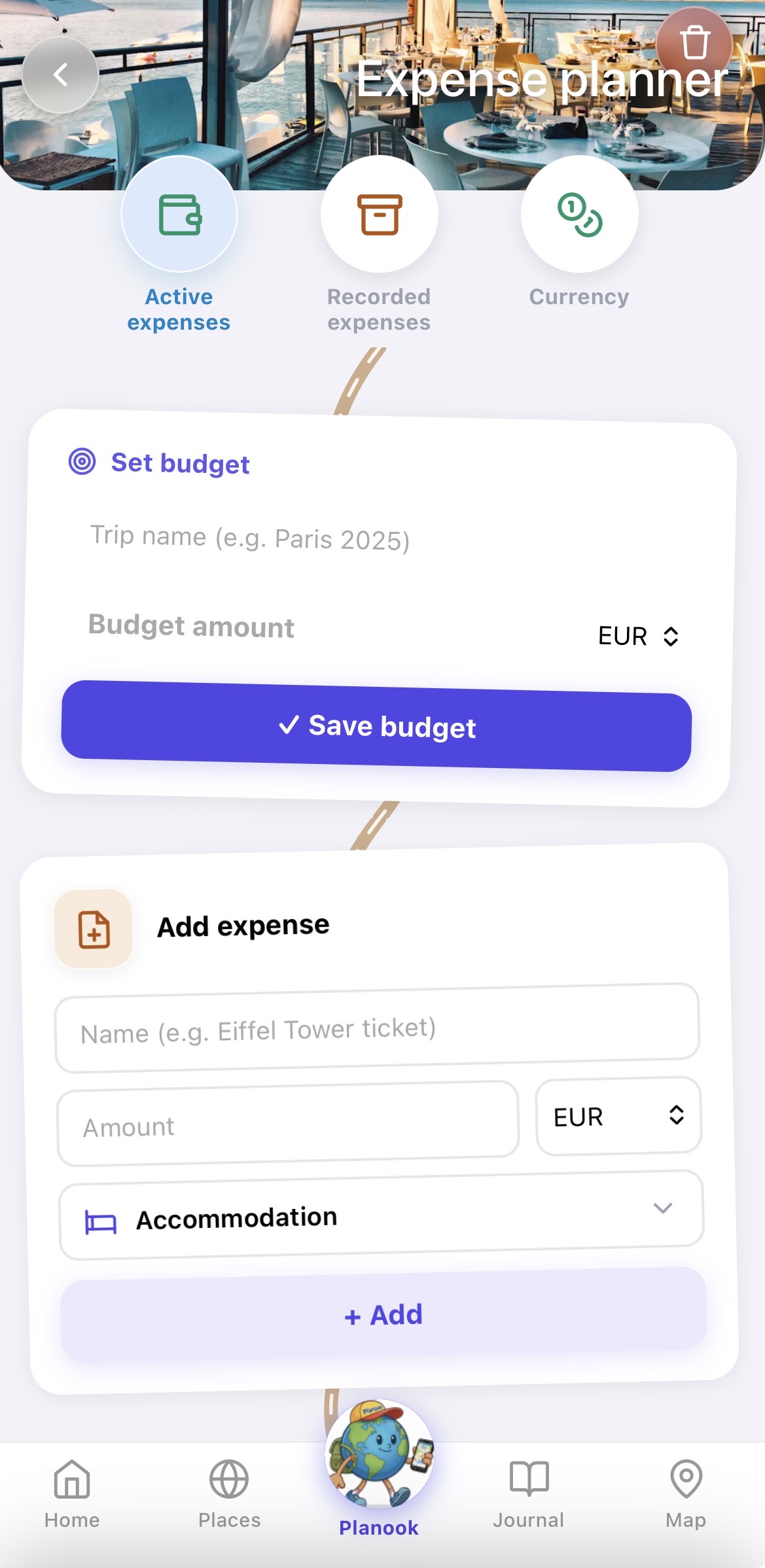 Expense planner: set a trip budget, then log each expense by category