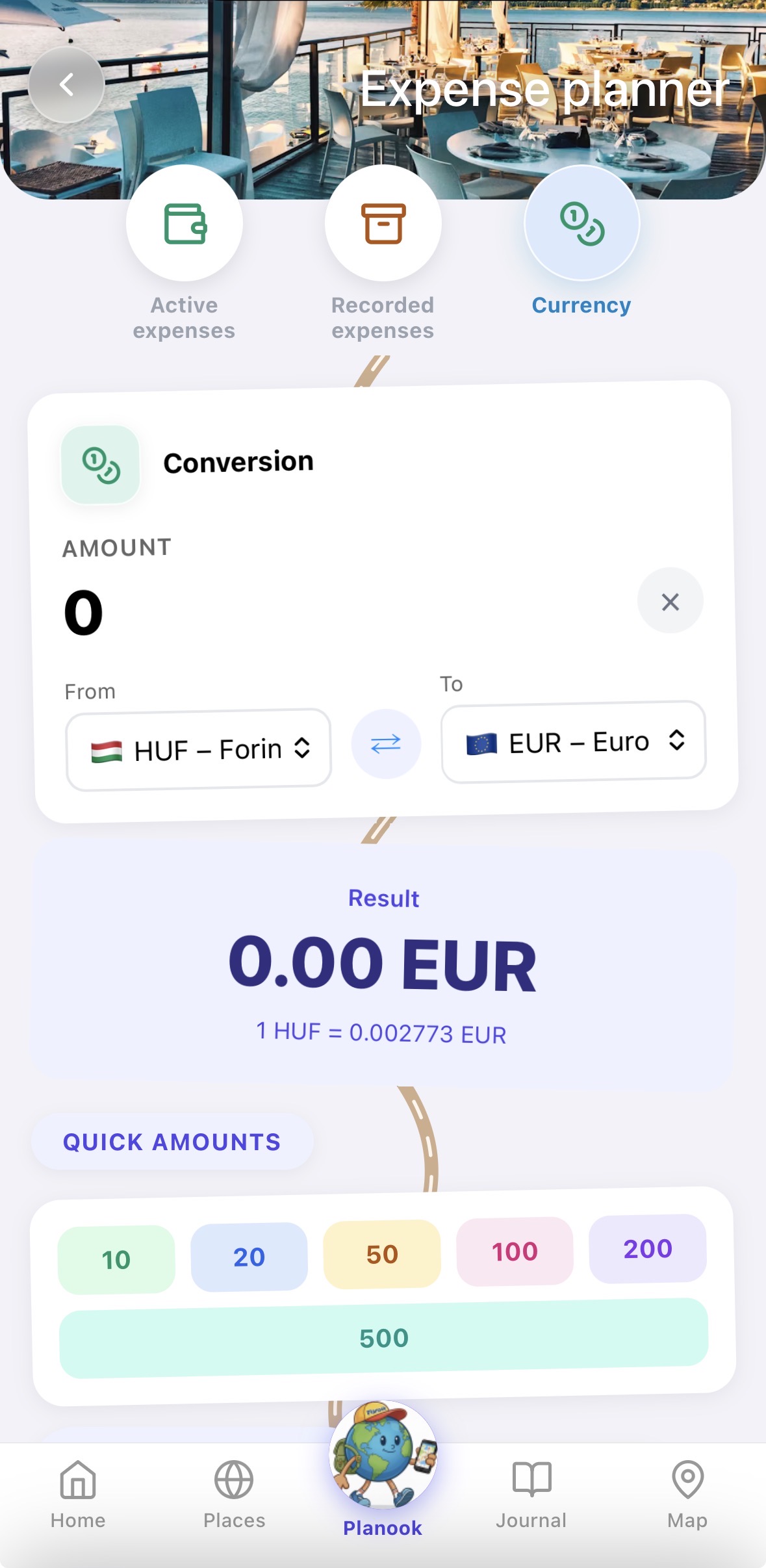 Built-in currency converter with live rates and quick amount buttons