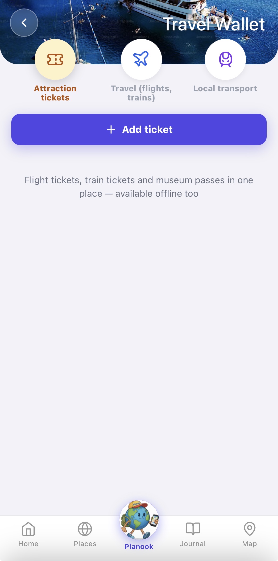 Travel Wallet with three ticket categories: attraction tickets, travel for flights and trains, and local transport — available offline