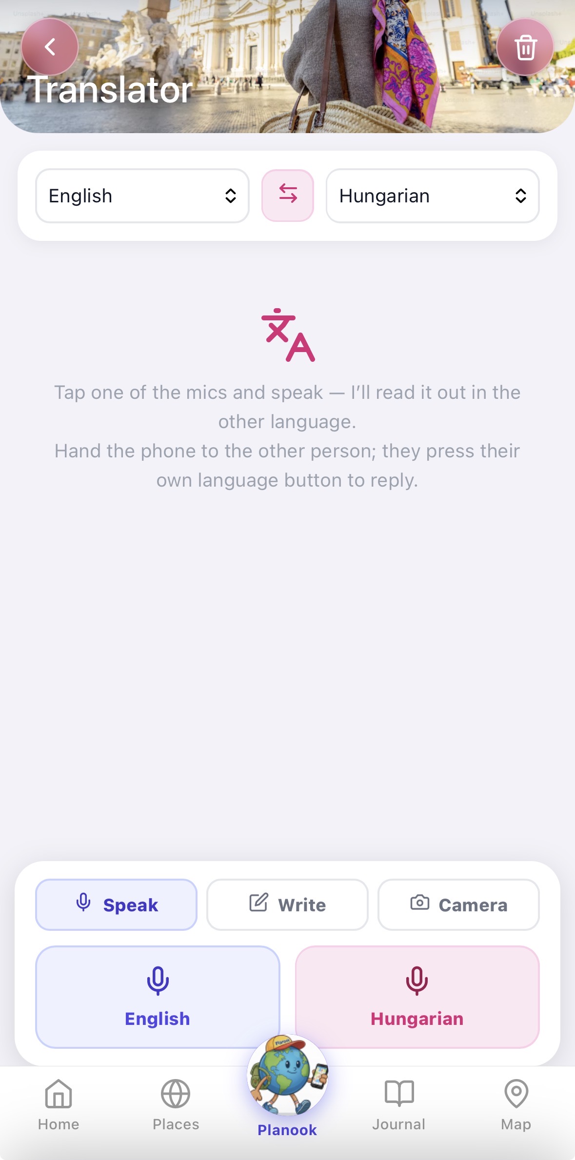 Two-way voice translator: pick the two languages, tap a mic and Planook reads it out in the other language