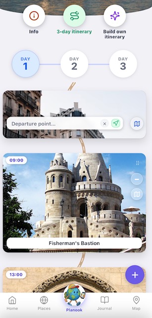 Budapest 3-day itinerary — Day 1 with Fisherman's Bastion, each stop editable with its own map