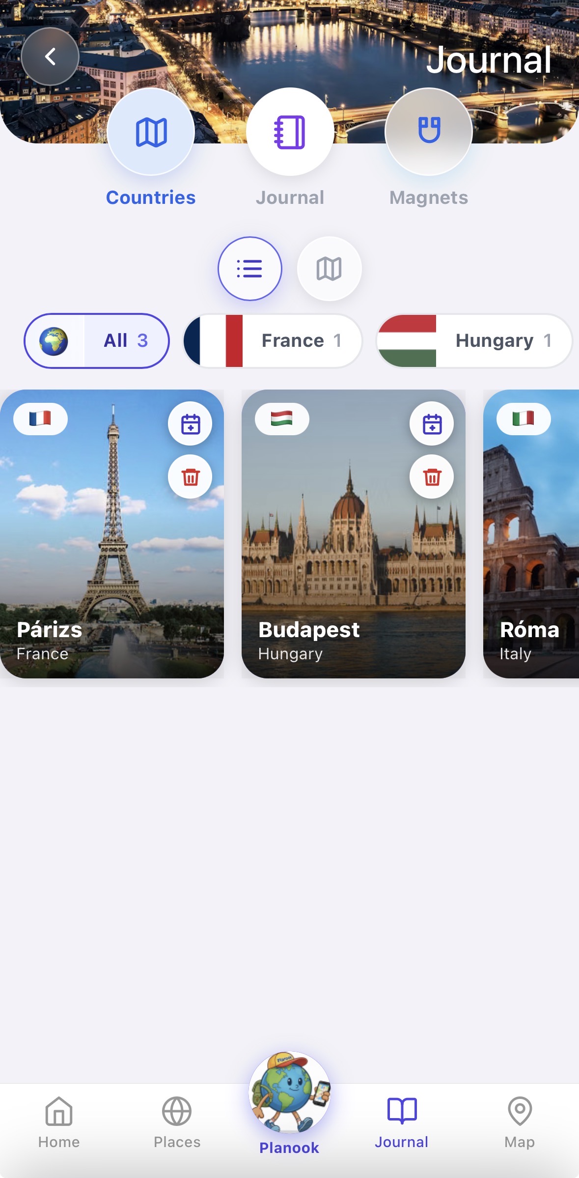 Journal country view: the cities you have visited as photo cards, filtered by country