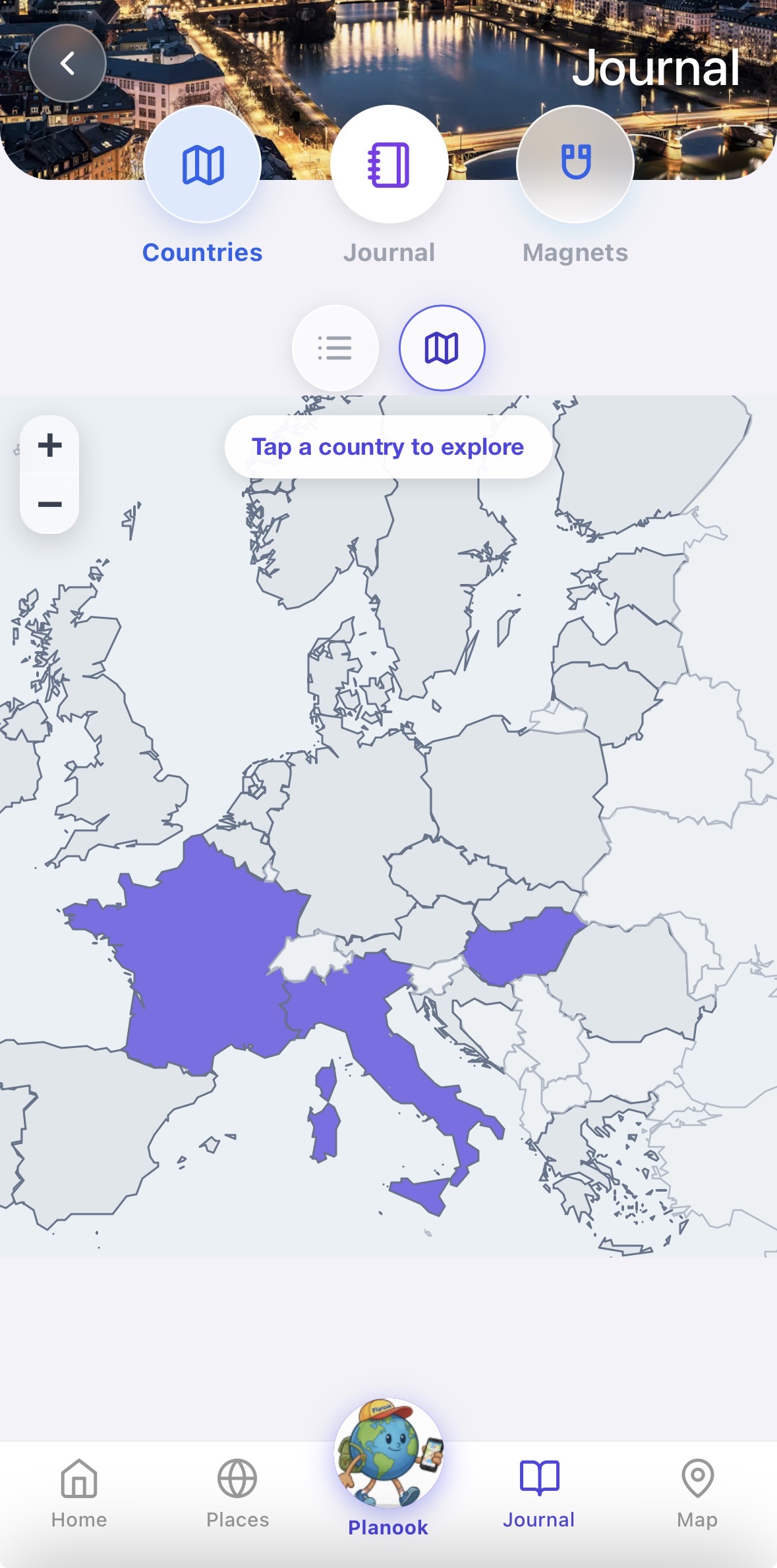 Interactive travel journal: a scratch map of Europe with the countries you have visited filled in