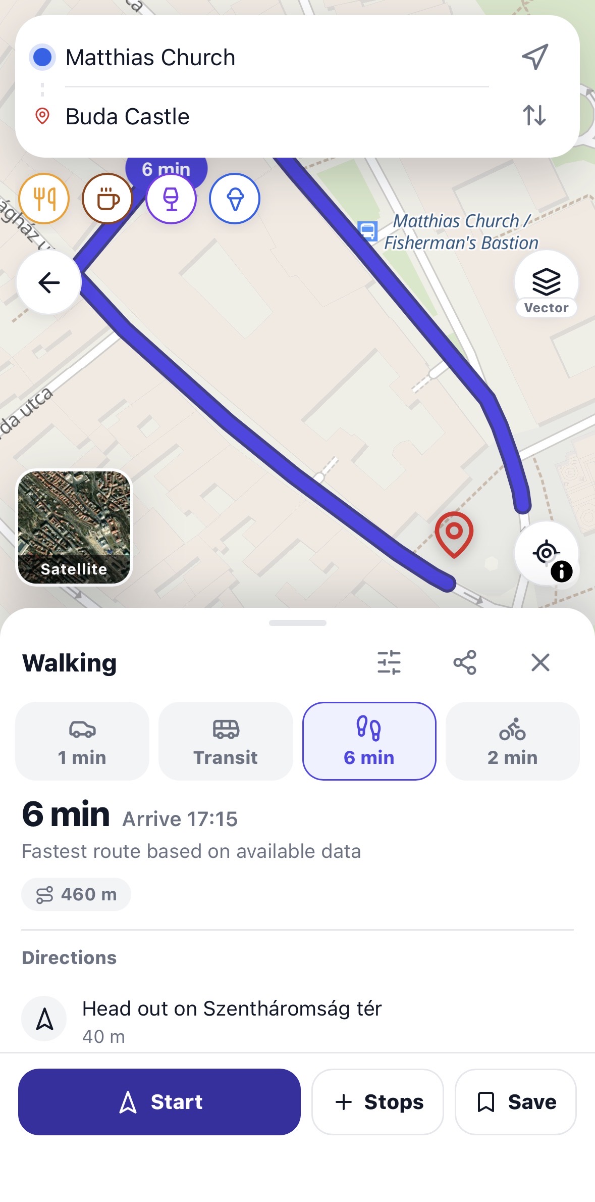 Walking route between two sights — Matthias Church to Buda Castle, 6 minutes, with live navigation