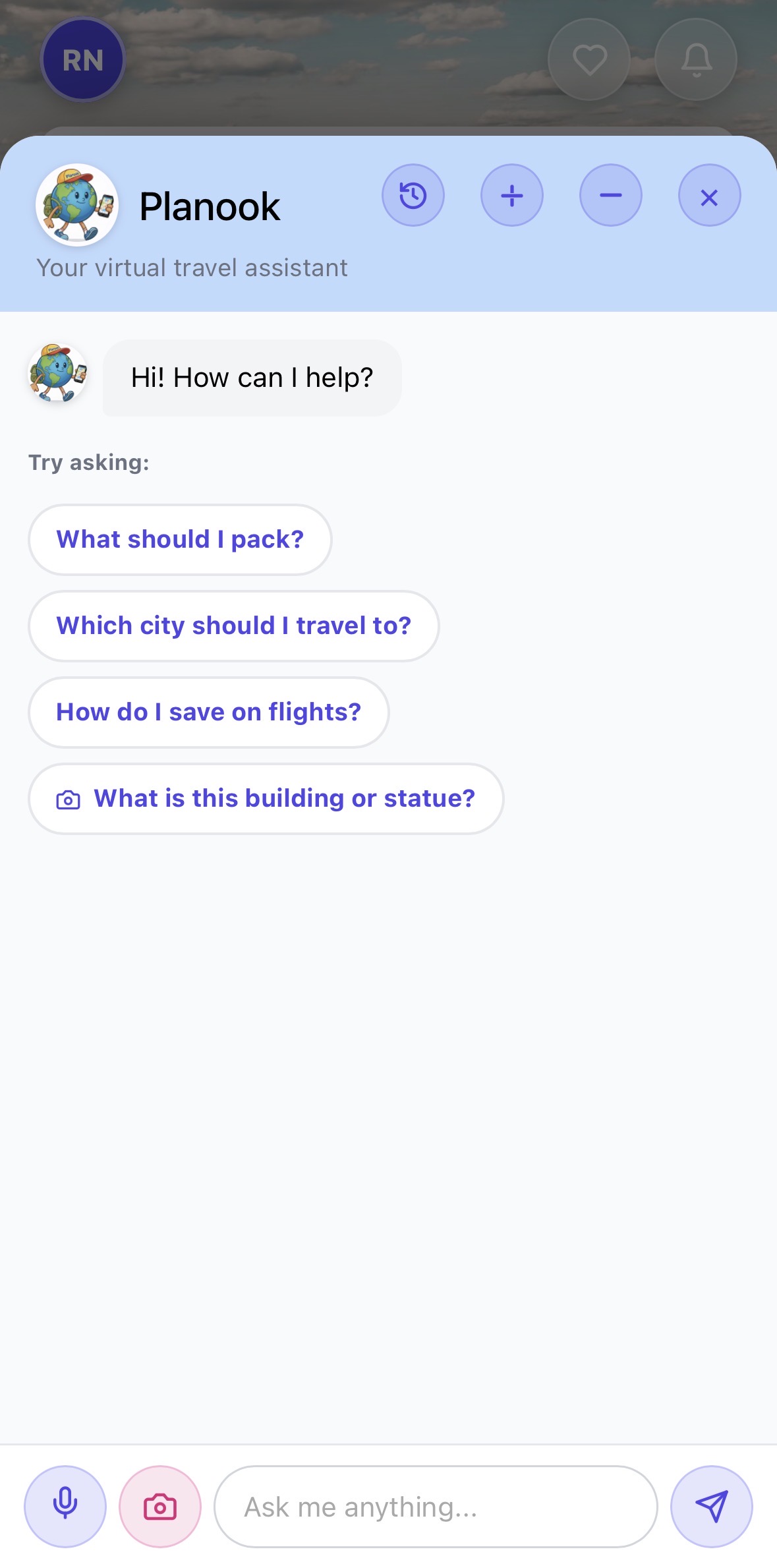 AI chat assistant — ask Planook what to pack, where to travel or what a building is