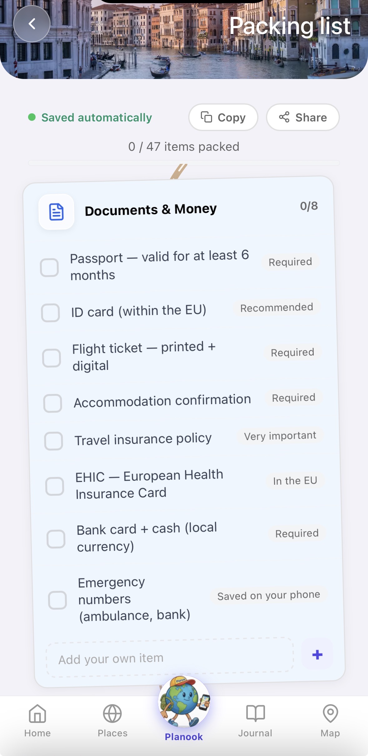 Smart packing list — documents and money section, tailored to the destination