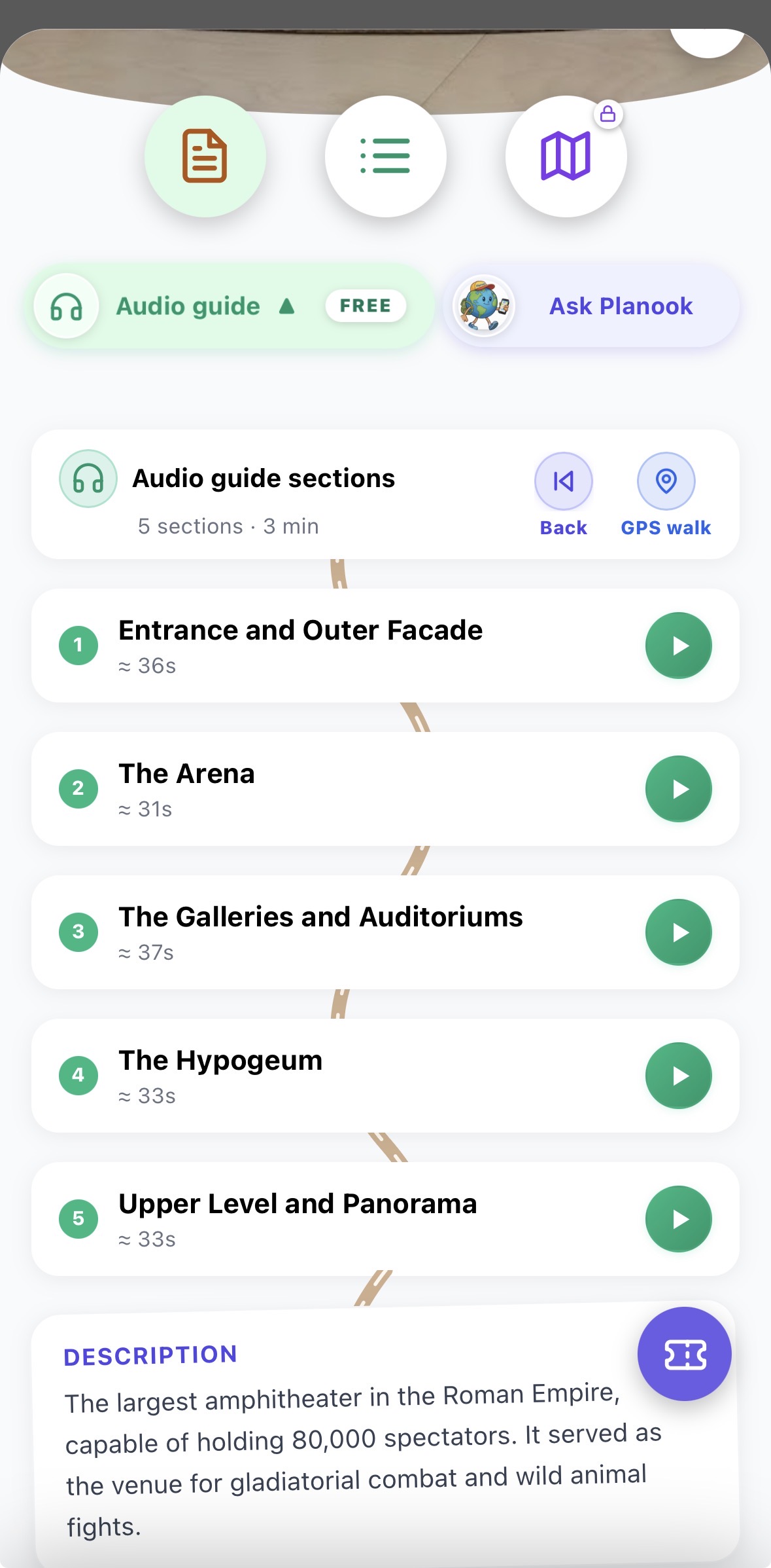 Audio guide for the Colosseum split into five narrated sections with a GPS walk mode, the first section free